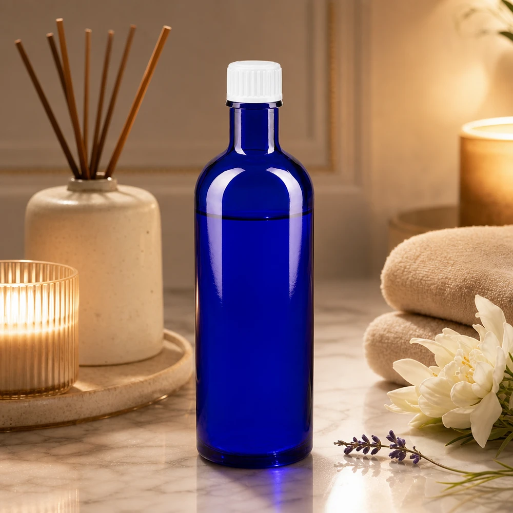 Flacon de pharmacie bleu 200ml bouchon vissable blanc standart Flacon de pharmacie cylindrique en verre bleu cobalt de 200 ml avec un bouchon à vis blanc