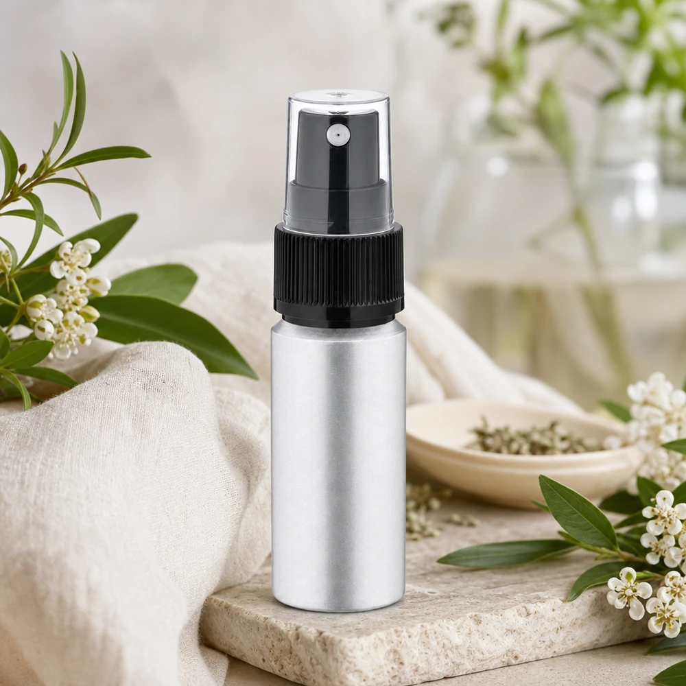 Bouteille en aluminium teinté 20 ml, avec vaporisateur à pompe noir Flacon pratique en aluminium décapé de 20 ml avec un jet fin pour une répartition uniforme du produit