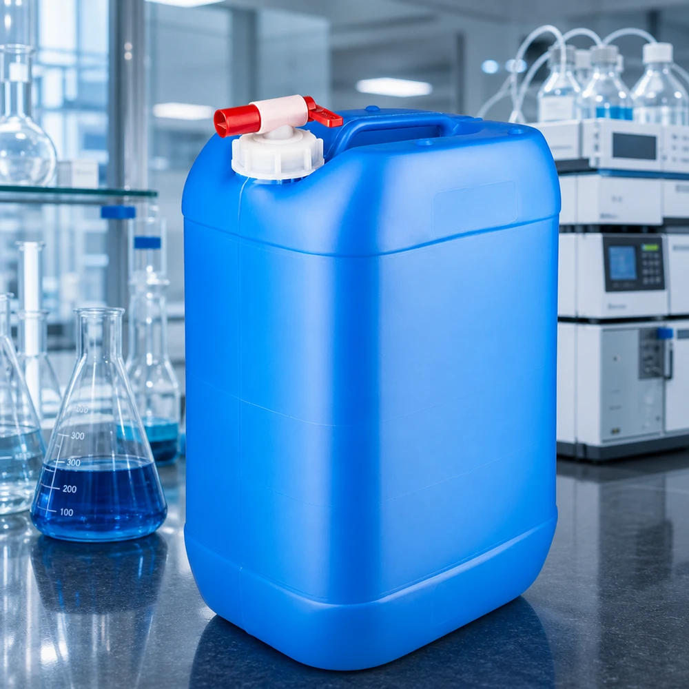 Bidon 25 litres bleu avec robinet Bidon industriel rectangulaire de 25 litres, de couleur bleue, muni d'un robinet de prélèvement, posé sur une paillasse de laboratoire