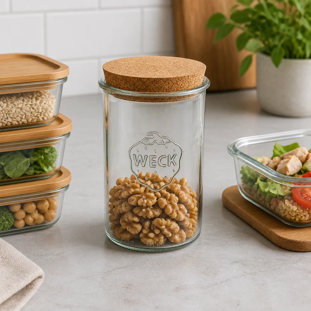 1000ml bocal conique WECK RR100 avec bouchon nature WECK Sturzglas RR100 1000ml mit Korkdeckel gefüllt mit Walnüssen moderne Küchenorganisation Vorratshaltung Lifestyle