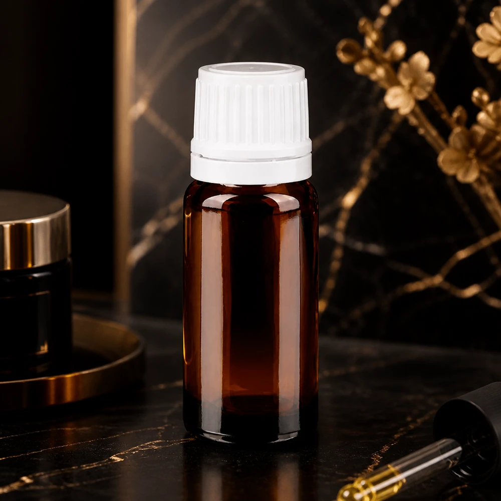 Flacon compte-gouttes de 10 ml en verre d'apothicaire, protégé de la lumière, muni d'un bouchon OV blanc pour produits pharmaceutiques