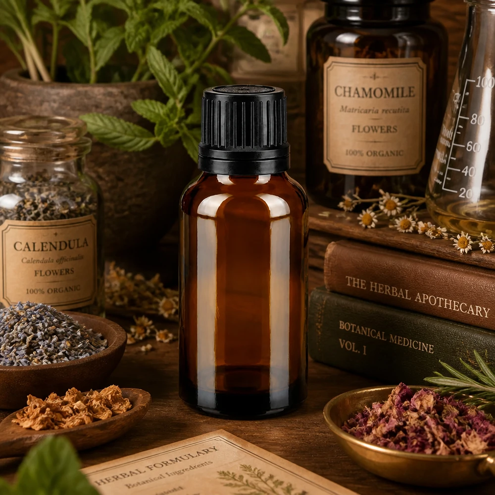 Petite bouteille en verre brun de 20 ml, entourée de calendula, de camomille et de fleurs séchées