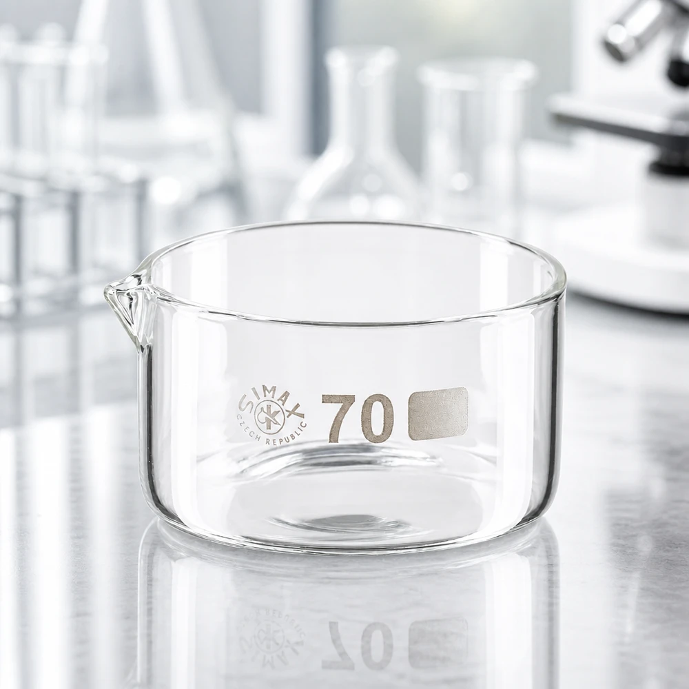 Coupelle de cristallisation 100 ml avec bec verseur Coupelle en verre borosilicaté de 70 mm de diamètre, de forme cylindrique basse, destinée à la vaporisation chimique