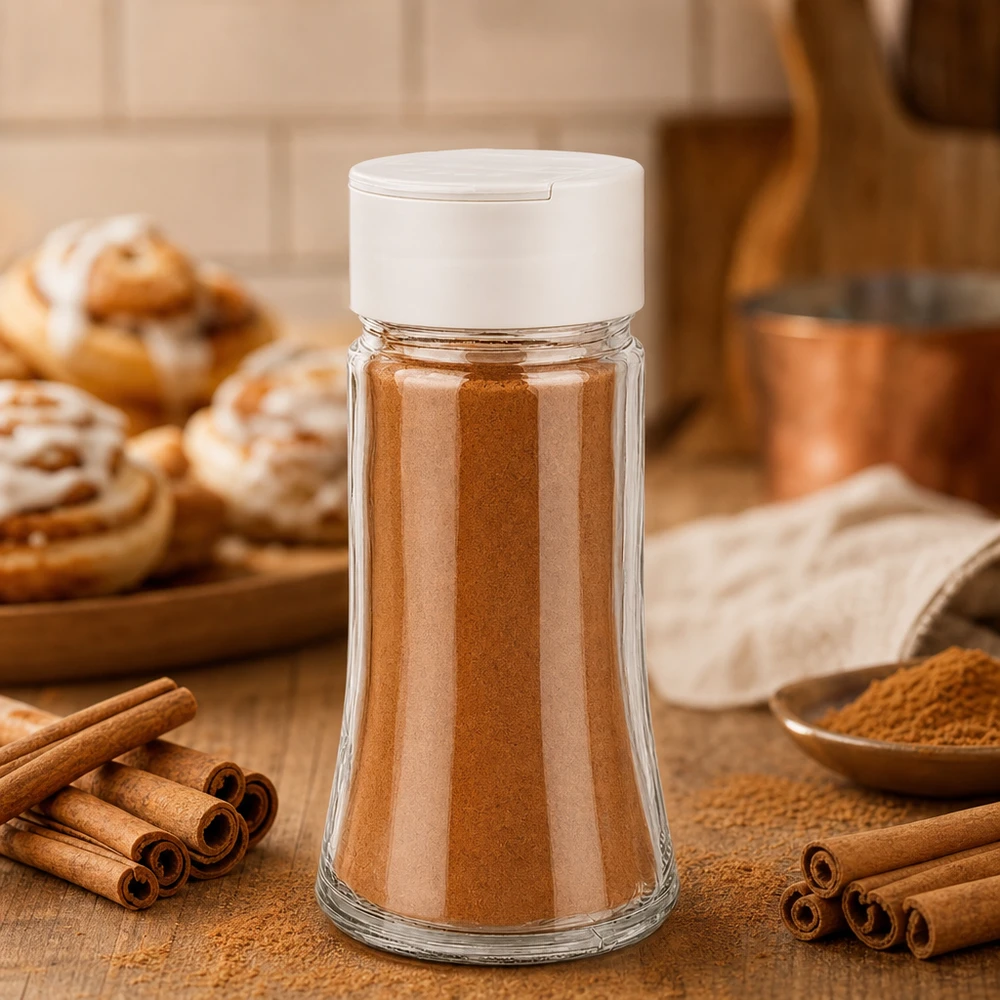 Pot à sel/épices 95 ml avec double saupoudreuse, blanc Pot à épices de 95 ml rempli de cannelle, avec un saupoudreur double blanc, à côté de bâtons de cannelle et de brioches à la cannelle