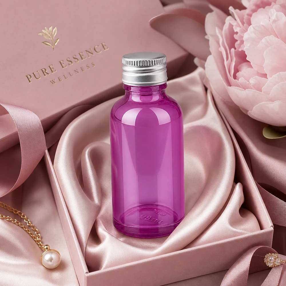 Flacon 30ml bouchon à vis 11mm alu-argent standard PurpleLine.UT18/30 Flacon en verre compact de 30 ml de couleur pourpre pour une présentation et un stockage professionnels des produits