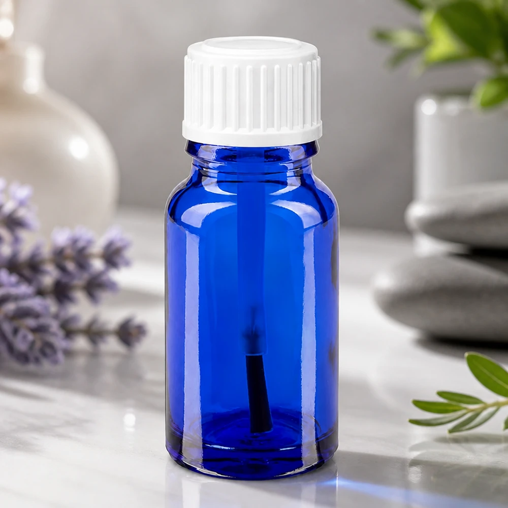 Flacon de pharmacie bleu 10ml bouchon vissable blanc pinceau Flacon en verre bleu avec pinceau applicateur, 10 ml, idéal pour les huiles essentielles et les produits cosmétiques