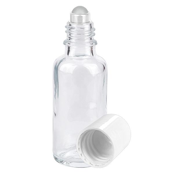 Flacon de pharmacie transparent 30ml roll-on bouchon blanc