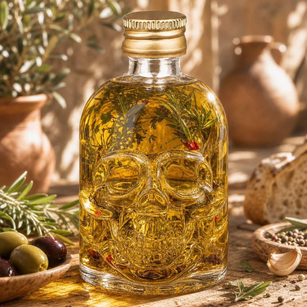 Bouteille en verre 50 ml « Hector » et bouchon à vis doré UNiTWIST® Bouteille en verre Hector 50ml remplie d'huile aux herbes et décoration au romarin dans un décor méditerranéen d'huile d'olive