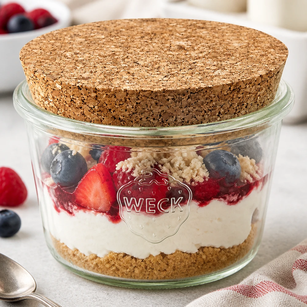 370ml bocal conique WECK RR100 avec bouchon nature WECK Verre renversé 370ml RR100 avec bouchon rempli comme verre à dessert avec yaourt aux baies et crumble