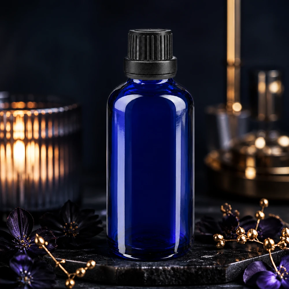 Flacon compte-gouttes bleu cobalt de 50 ml, OV noir, dans une élégante ambiance aux lumières tamisées, rehaussée de touches dorées