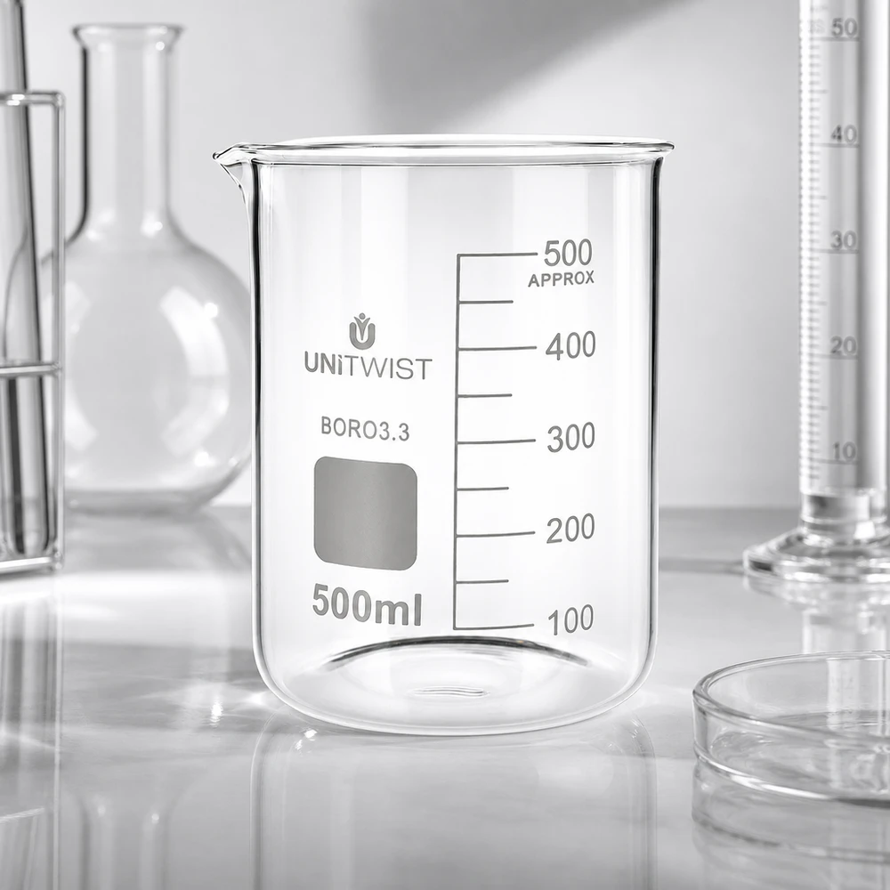 Bécher professionnel de 500 ml UNiTWIST BORO3.3, de forme basse, dans un environnement de laboratoire moderne