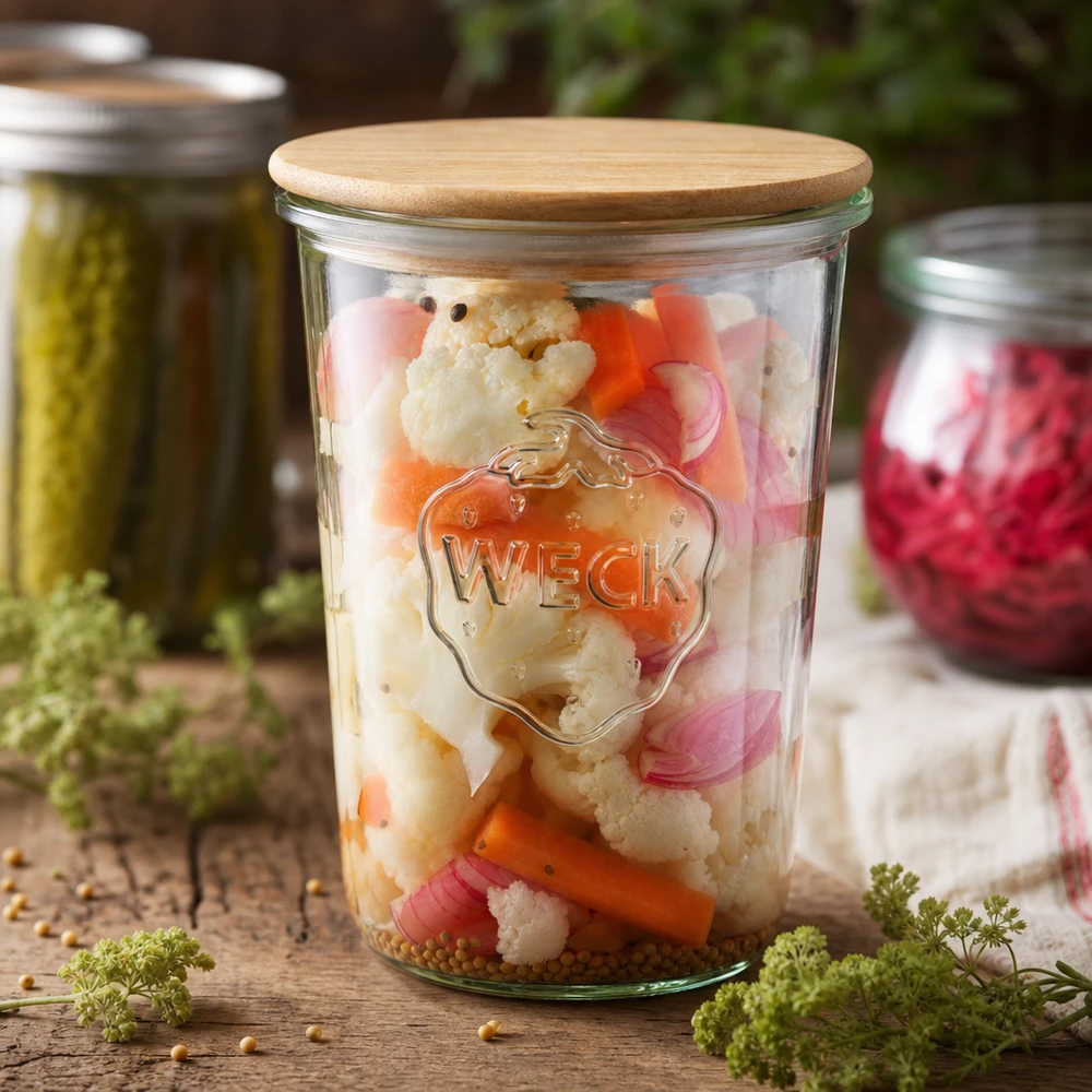850ml bocal conique WECK RR100 avec couvercle en bois WECK Pot de conserve 850ml RR100 avec légumes marinés Cauliflower carottes oignons aliments fermentés couvercle en bois
