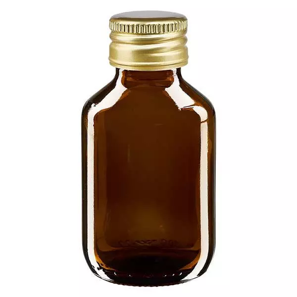 Bouteille médicale de 100ml brune avec bouchon en aluminium or