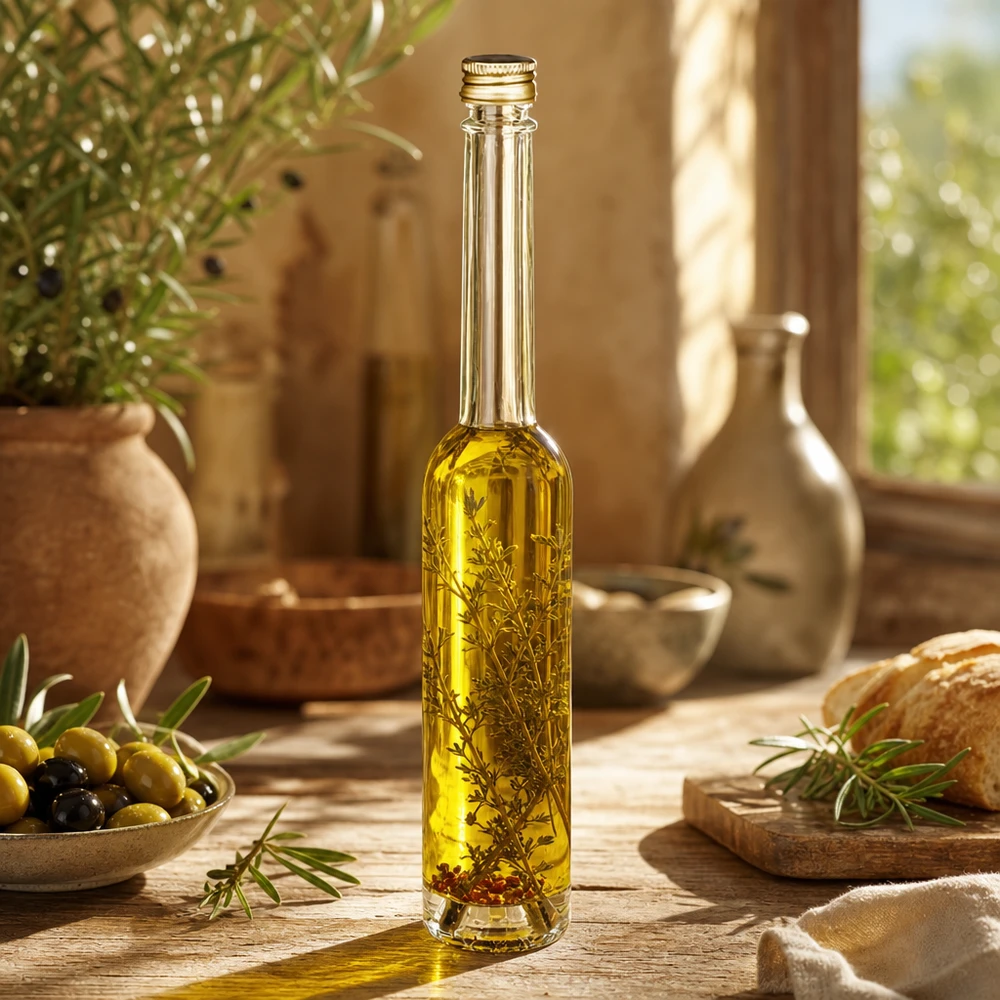 Bouteille en verre 100 ml « Toni » et bouchon à vis argenté UNiTWIST® 100ml Glasflasche Toni mit Olivenöl und Kräutern - UNiTWIST Goldverschluss in mediterraner Küche mit Oliven und Brot