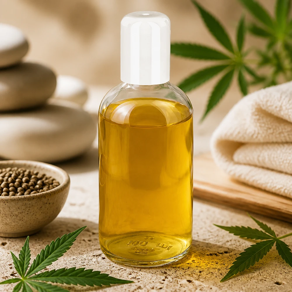 Flacon Roll-On 100ml blanc STD ClearLine UT18/100 Flacon roll-on ClearLine UT18/100 de 100 ml rempli d'huile de chanvre jaune, entouré de feuilles de cannabis