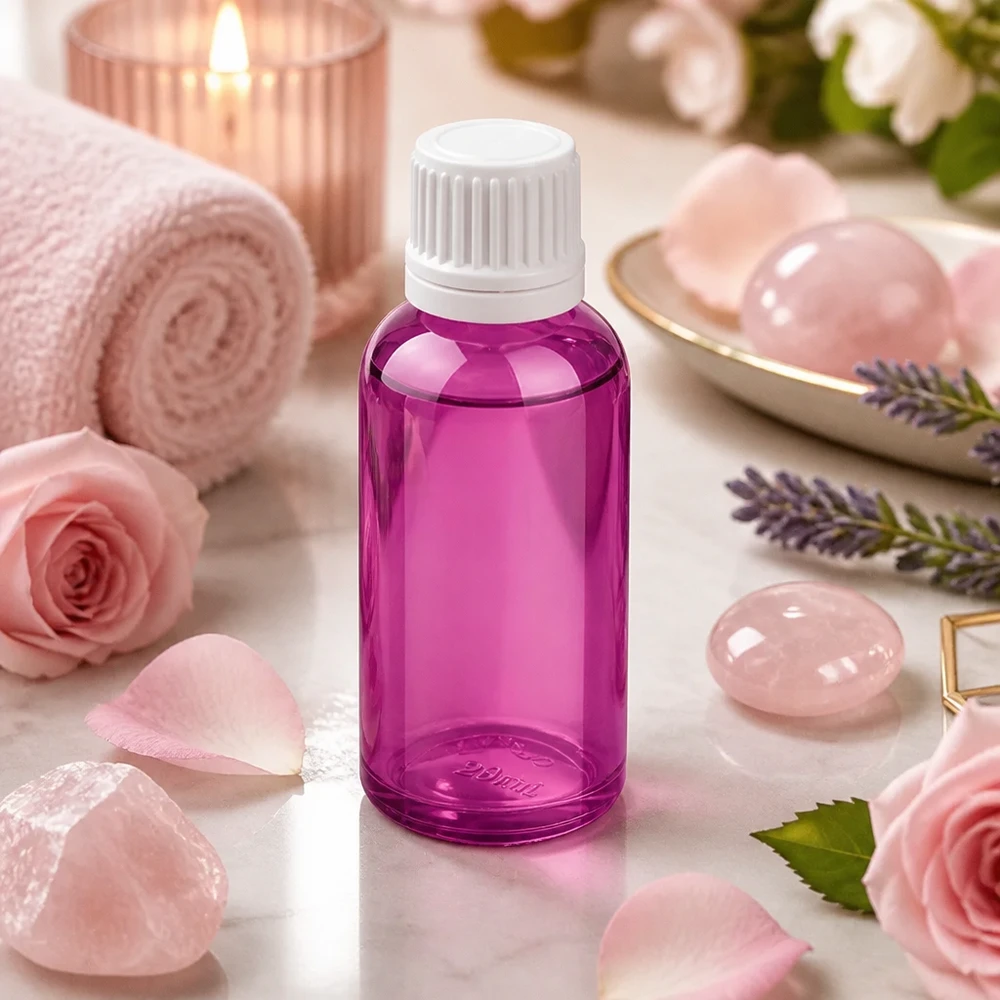 Bouteille compacte en verre violet de 30 ml avec compte-gouttes pour l'application mobile d'huiles de soin