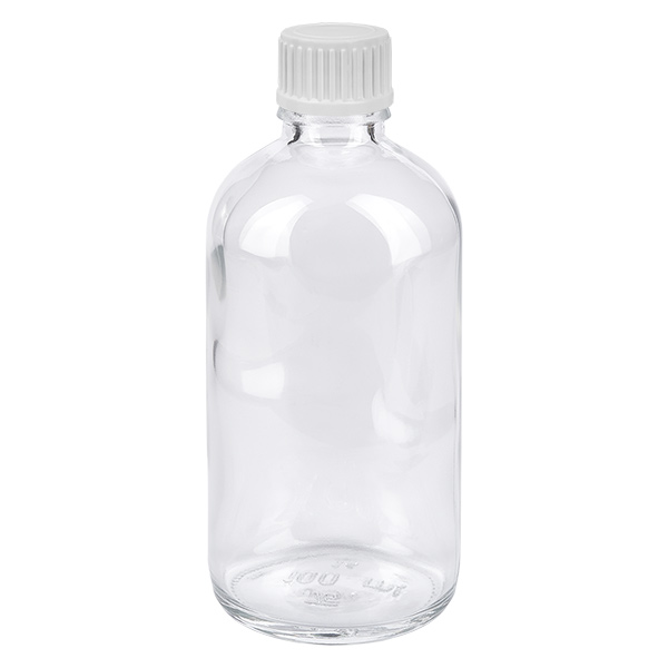 100ml Goutte 0.9mm blanc STD ClearLine UT18/100 Flacon compte-gouttes en verre transparent de 100 ml avec bouchon à vis blanc ClearLine UT18 pour applications pharmaceutiques