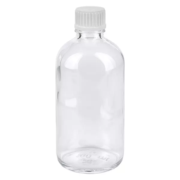 100ml Goutte 0.9mm blanc STD ClearLine UT18/100 Flacon compte-gouttes en verre transparent de 100 ml avec bouchon à vis blanc ClearLine UT18 pour applications pharmaceutiques