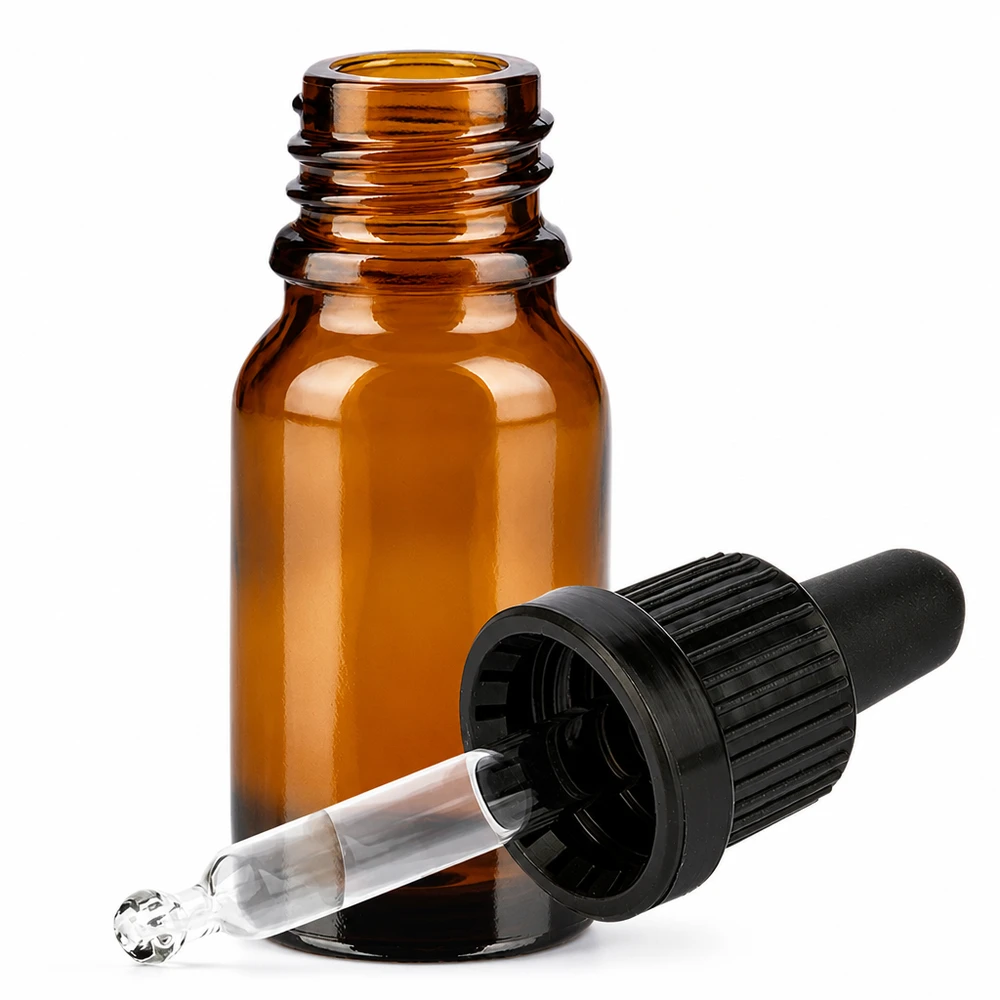 Flacon à pipette 10ml noir OV BrownLine UT18/10 Bouteille en verre brun de 10ml avec pipette pour un dosage précis des cosmétiques et de l'aromathérapie