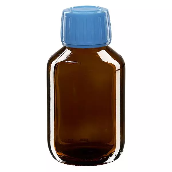 Flacon médical 100 ml couleur ambrée avec bouchon bleue Flacon médical 100 ml couleur ambrée avec bouchon bleue