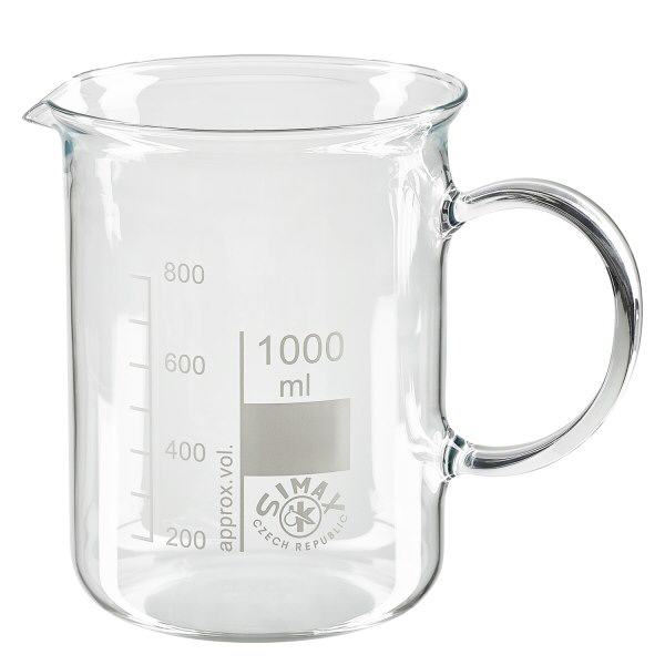 Bécher avec poignée 1000ml en verre borosilicate résistant à la chaleur (forme normale) Bécher avec poignée 1000ml en verre borosilicate résistant à la chaleur (forme normale)