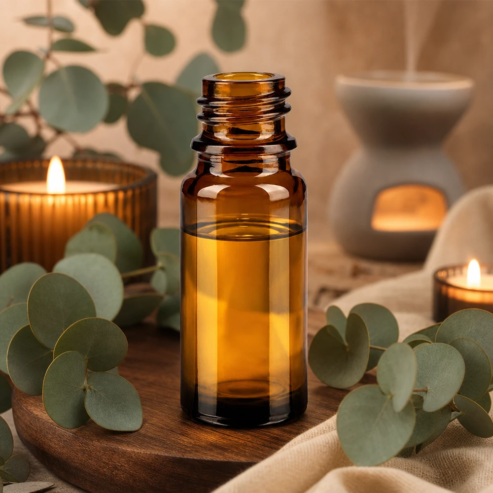 Flacon compte-gouttes 10 ml DIN18 - verre brun Bouteille en verre brun de 10 ml ApoGlas pour l'aromathérapie à l'eucalyptus et les bougies dans une atmosphère de spa naturel