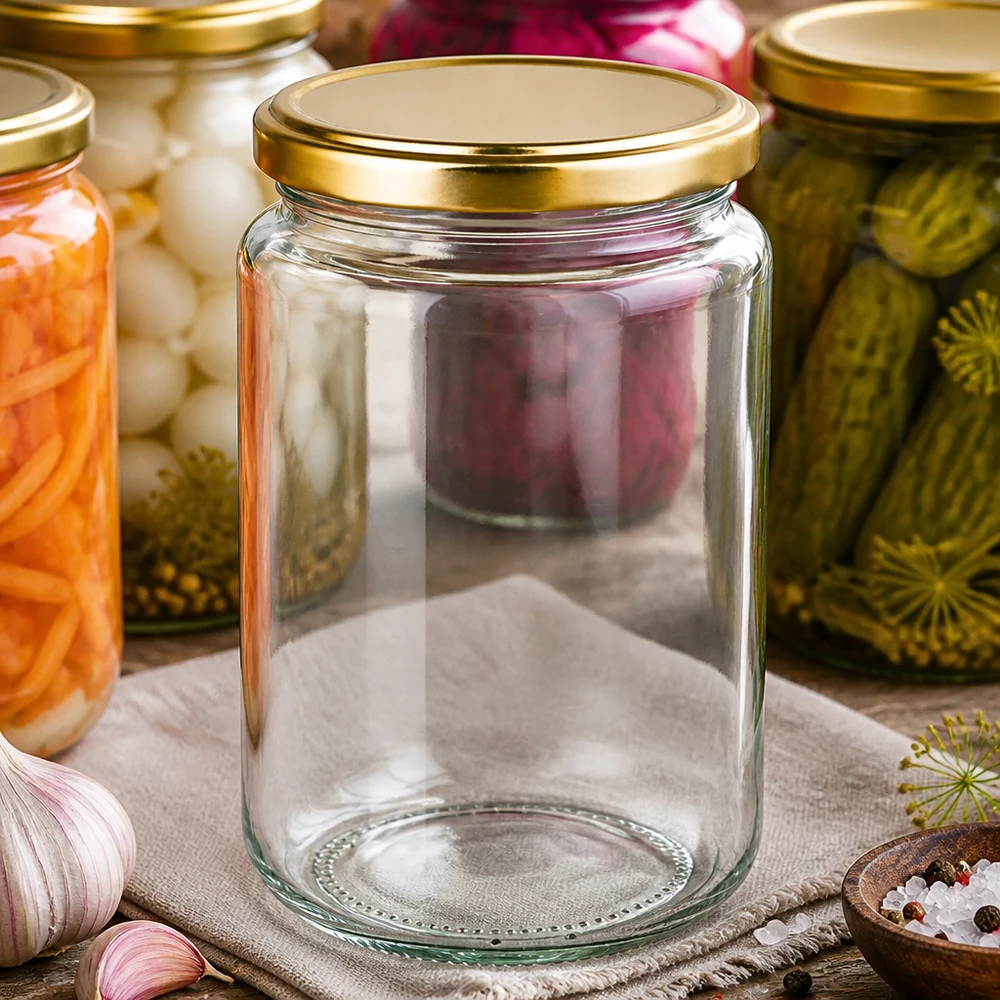 Pot rond vide de 382ml avec couvercle BasicSeal or entre les cornichons et les oignons marinés dans la cuisine de conservation