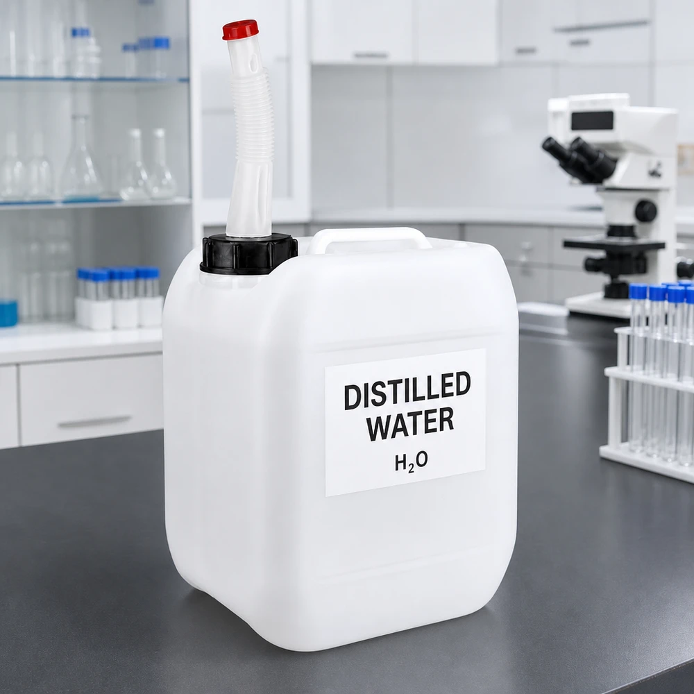 Bidon blanc de 5 litres adapté au contact alimentaire, avec couvercle rouge et tuyau flexible en plastique