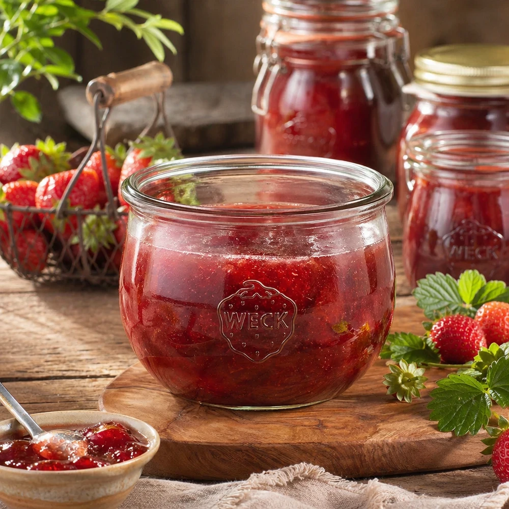 Bocal tulipe WECK RR100 de 580 ml WECK RR100 Pot tulipe 580ml rempli de confiture de fraises sur planche en bois avec fraises fraîches et bocaux de conservation