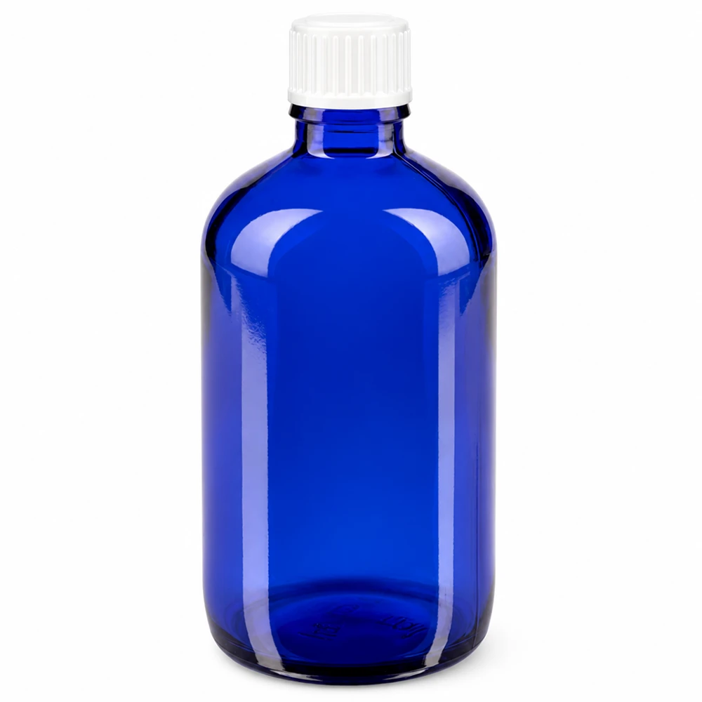 Flacon de pharmacie bleu 100ml bouchon vissable blanc Globuli Std Flacon en verre bleu cobalt de 100 ml avec bouchon blanc à sécurité enfants, destiné aux pharmacies