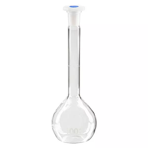 Ballons gradués 100 ml au rodage normalisé 12/21, en verre borosilicate avec bouchon en PEHD