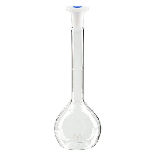 Ballons gradués 100 ml au rodage normalisé 12/21, en verre borosilicate avec bouchon en PEHD