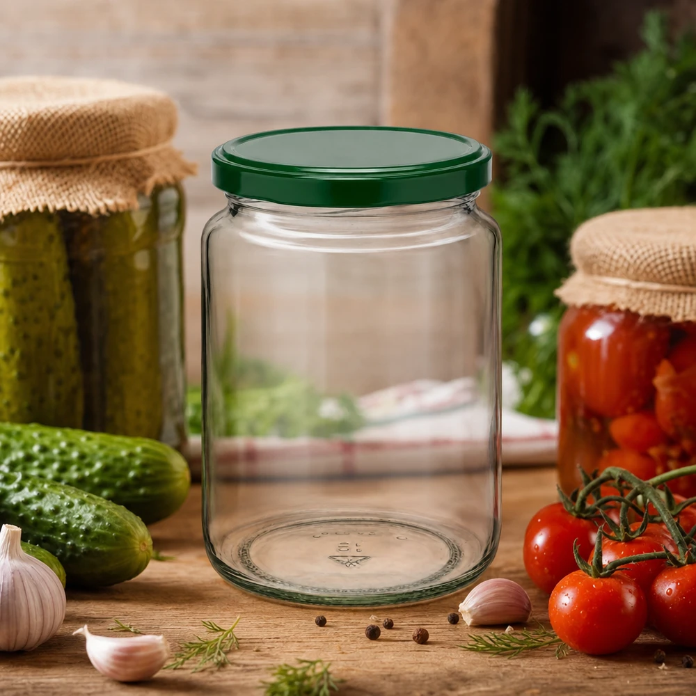Pot de conserve de 795 ml UNiTWIST avec couvercle vert parmi des légumes frais et des bocaux de conserve remplis sur une table en bois