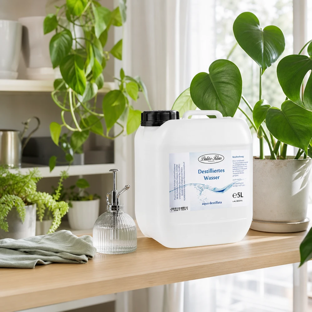 5L d'eau distillée Doktor-Klaus dans un bidon pratique sur une étagère en bois entre des plantes d'intérieur vertes