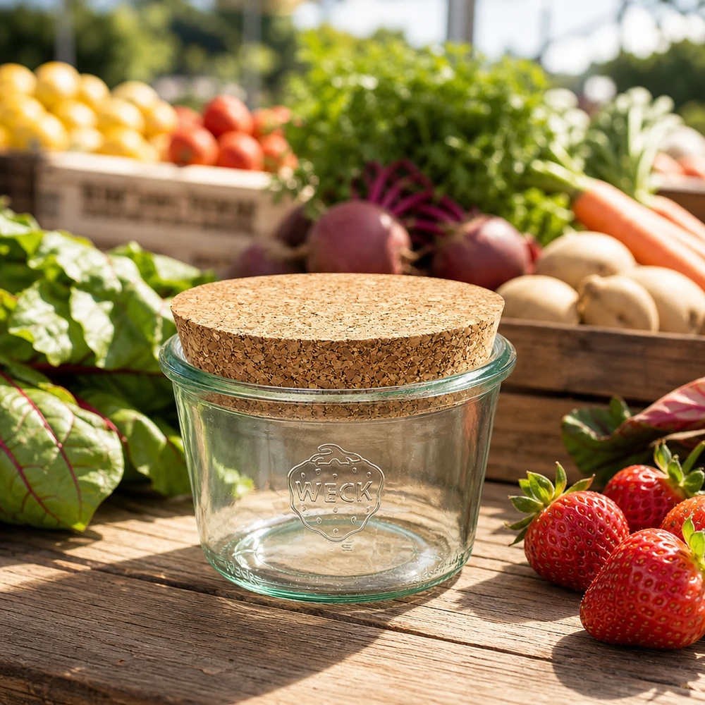 370ml bocal conique WECK RR100 avec bouchon nature WECK Pot renversé 370ml RR100 avec couvercle en liège sur une table en bois entre des fraises et des légumes frais du marché