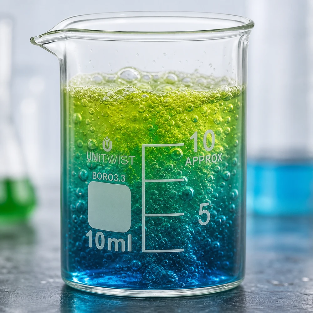 Bécher 10ml borosilicate, forme basse UNiTWIST Bécher en verre borosilicaté de 10 ml, résistant à la chaleur, de forme basse, contenant un liquide de réaction mousseux