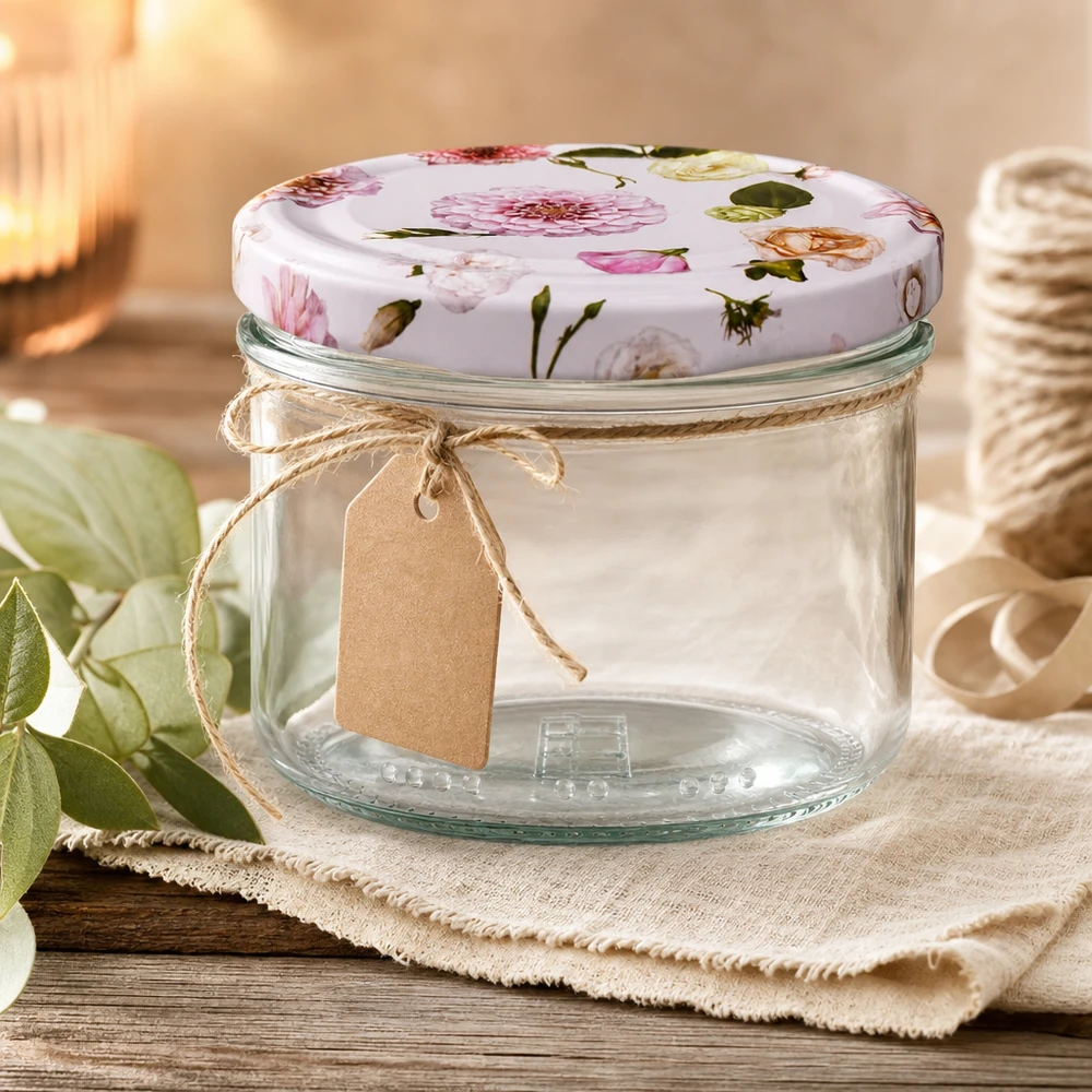 Pot de conservation vide de 230ml avec couvercle à fleurs et pendentif en papier kraft - pot de conservation décoratif sur fond en bois