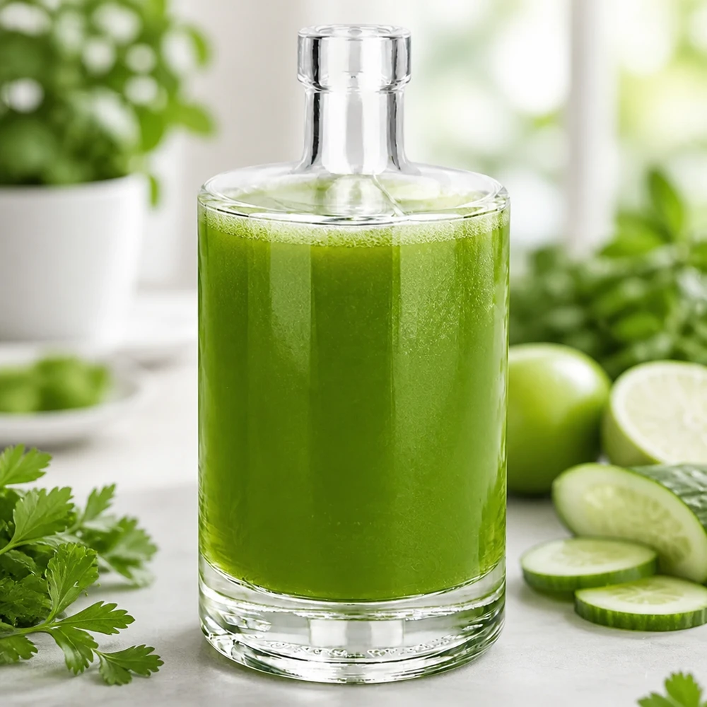 Bouteille en verre 500 ml « Marie » sans bouchon UNiTWIST® Bouteille en verre Marie de 500 ml remplie de smoothie vert entouré de concombres et d'herbes pour inspirer des boissons saines.