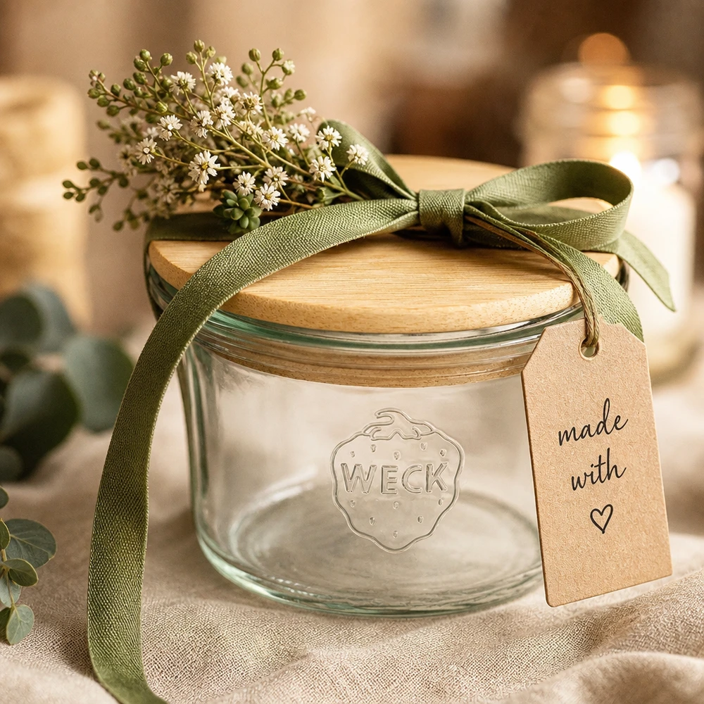 Mini bocal en verre renversé de 35 ml WECK RR40 avec couvercle en bois WECK Mini verre renversé 35ml avec couvercle en bois comme idée de cadeau avec ruban vert fleurs et pendentif Made with Love