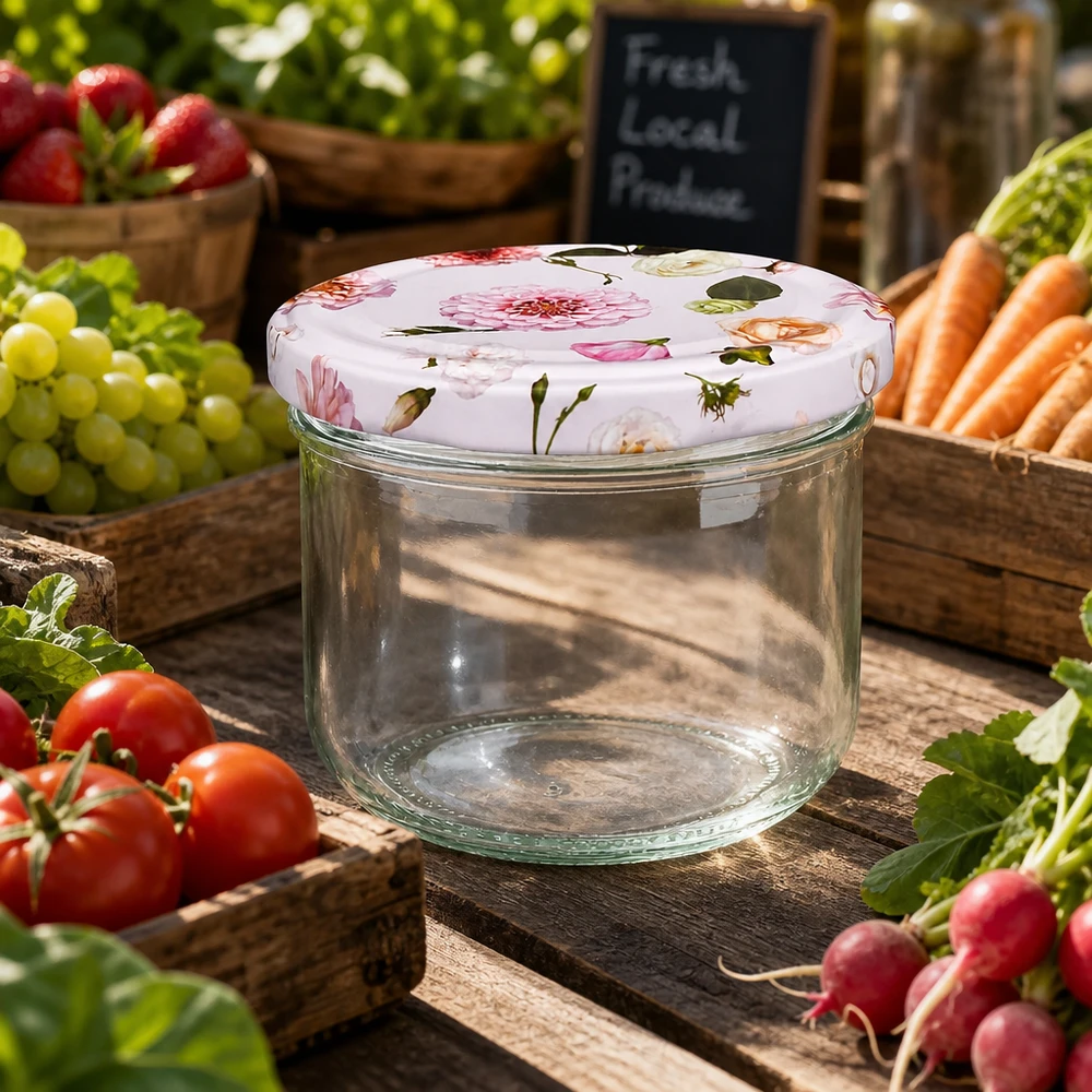 Bocal vide de 260 ml avec couvercle à fleurs roses entre des légumes frais - bocal polyvalent pour une ambiance de marché.