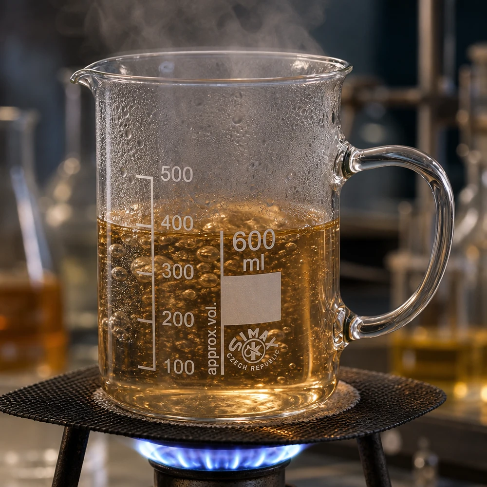 Bécher avec poignée 600ml en verre borosilicate résistant à la chaleur (forme normale) Bécher en verre borosilicaté de 600 ml avec poignée, contenant un liquide formant des bulles à un niveau d'environ 400 ml