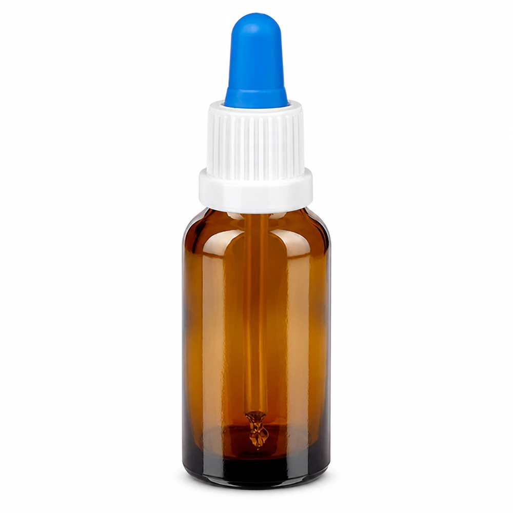 20ml flacon à pipette blanc/bleu OV BrownLine UT18/20 Flacon compact à pipette 20ml brun avec bouchon à vis blanc et pipette compte-gouttes bleue