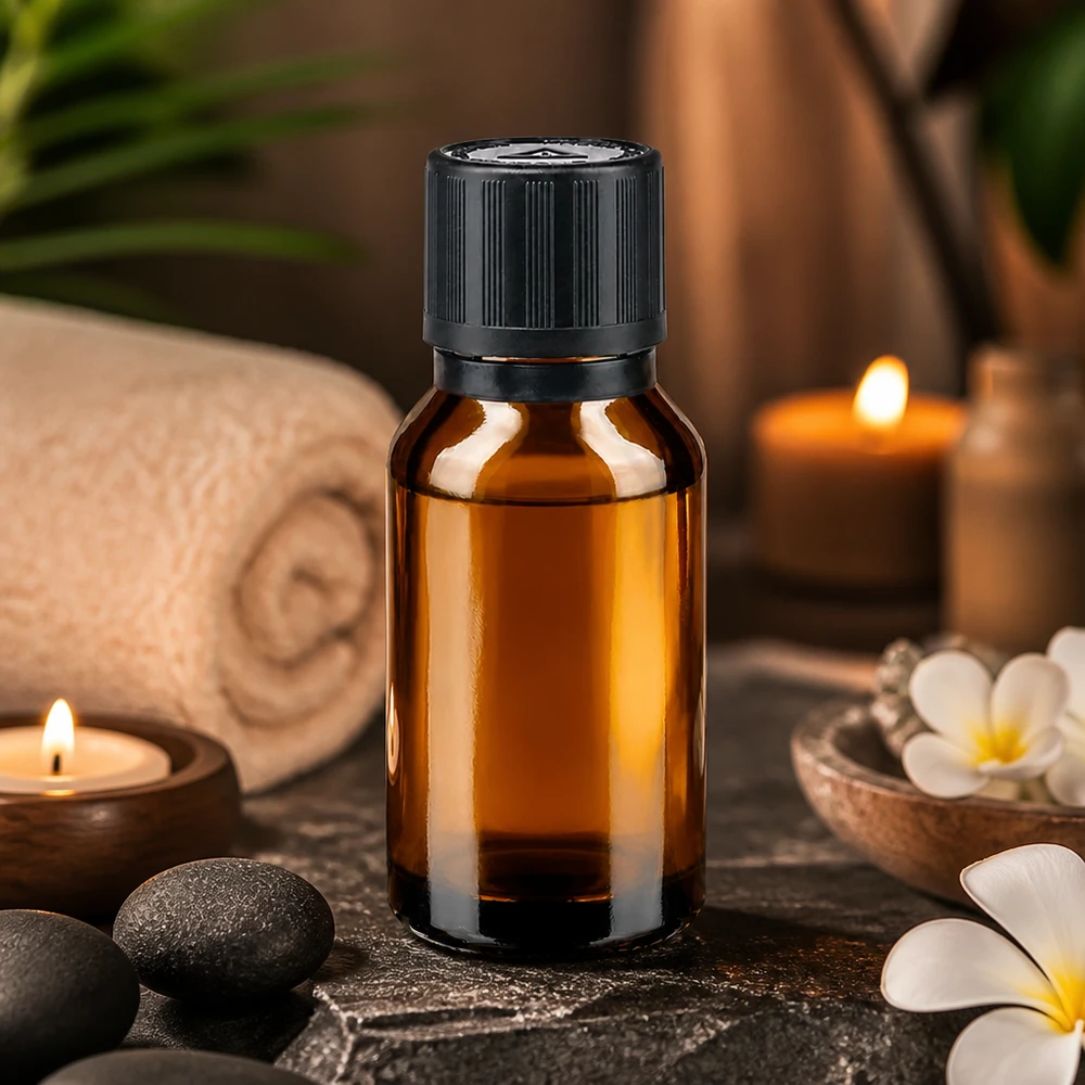 Petite bouteille d'huile de 15 ml en verre ambré avec compte-gouttes, dans une ambiance spa au parfum de frangipanier