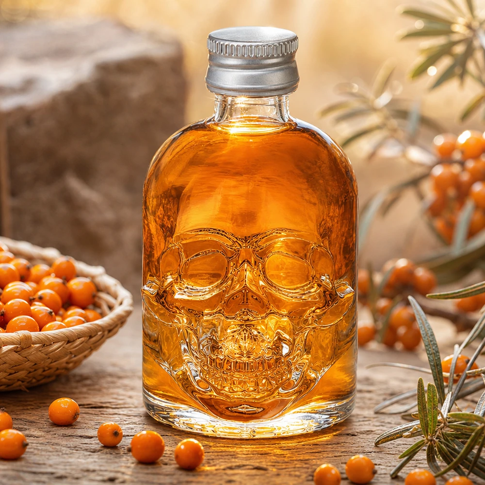 Bouteille en verre 50 ml « Hector » et bouchon à vis argenté UNiTWIST® Bouteille en verre Hector de 50 ml remplie de liqueur d'argousier entre des baies orange et des éléments décoratifs dans une atmosphère chaleureuse