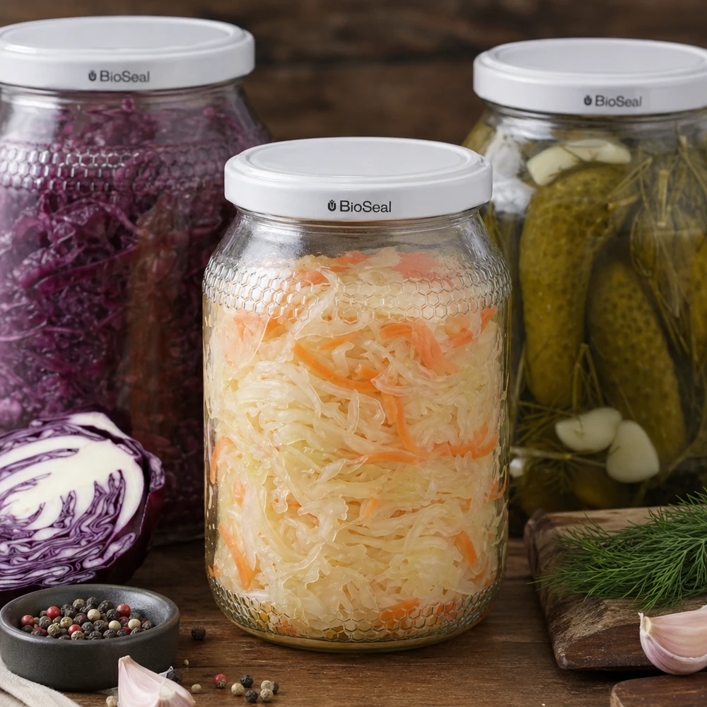 Pot de miel de 900 ml avec couvercle BioSeal rempli de choucroute fermentée à côté de chou rouge mariné et d'épices