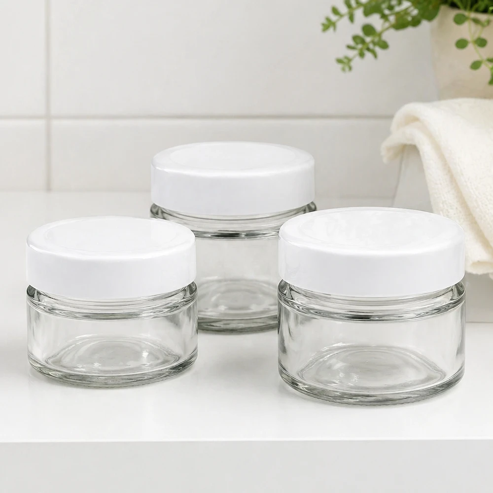80ml Verre rond avec couvercle BasicSeal blanc UNiTWIST Set de bocaux ronds de 80ml avec couvercle BasicSeal dans la salle de bain - bocaux en verre élégants pour cosmétiques et ustensiles de bain