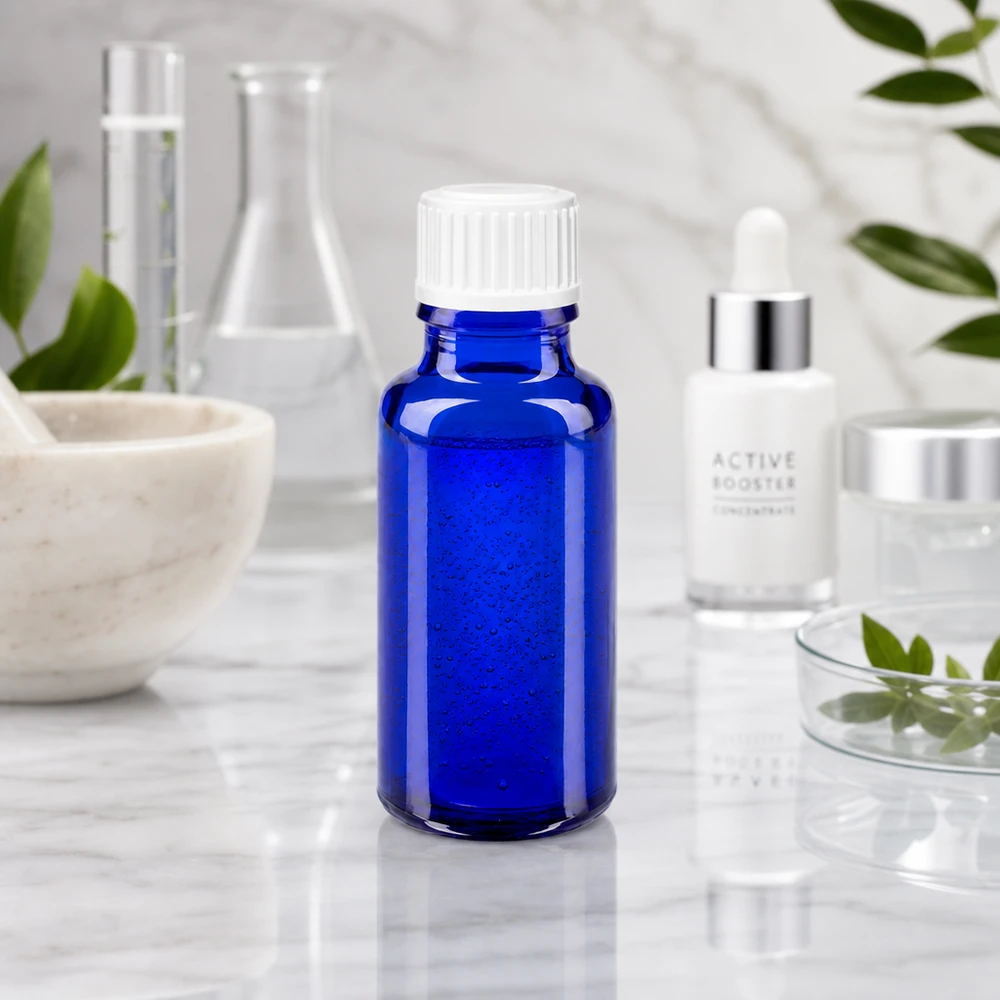 Flacon en verre avec protection UV, 20 ml, bleu cobalt, muni d'un bouchon en plastique blanc gradué