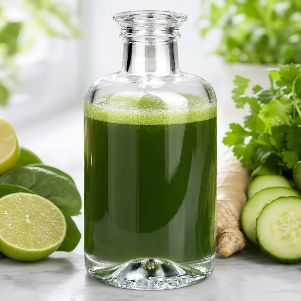 Flacon à pharmacie « Sofia » 100 ml sans bouchon UNiTWIST® Bouteille en verre Sofia de 100 ml remplie de jus de légumes verts à côté de concombre citron vert gingembre et d'herbes sur fond blanc