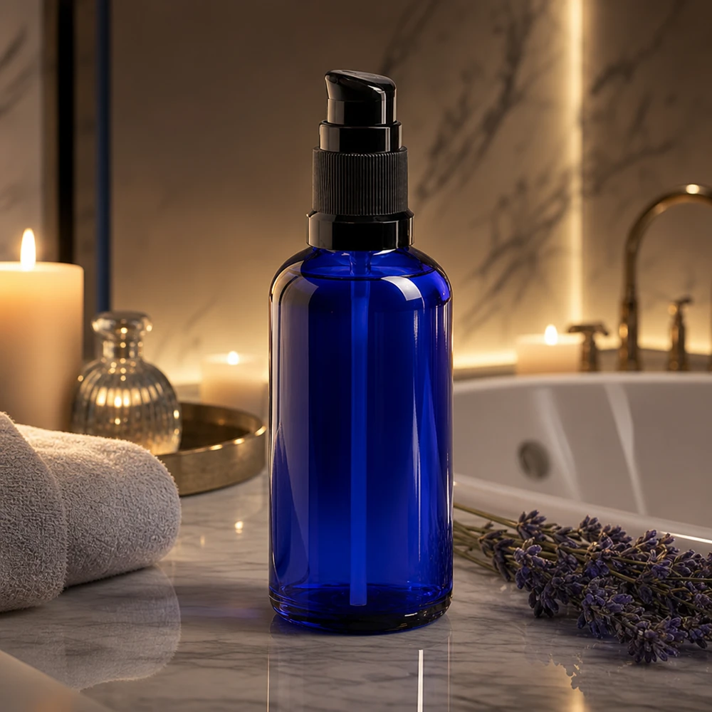Flacon bleu cobalt haut de gamme de 50 ml avec pompe doseuse, en verre anti-UV