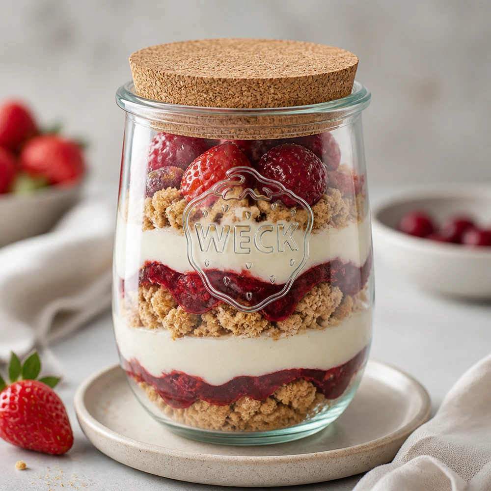 WECK Pot tulipe RR100 1062ml comme verre à dessert stratifié avec des fraises à la crème et des miettes de biscuits arrangées de manière décorative